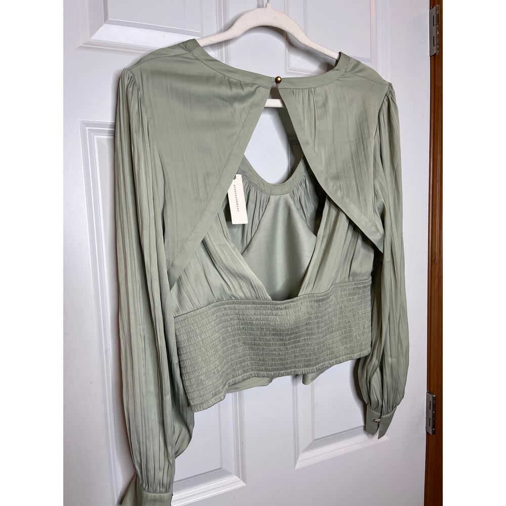 Anthropologie NEW Large Blouson Sleeve Satin Open‎ Back Blouse Mint Green V Neck - Picture 3 of 12
